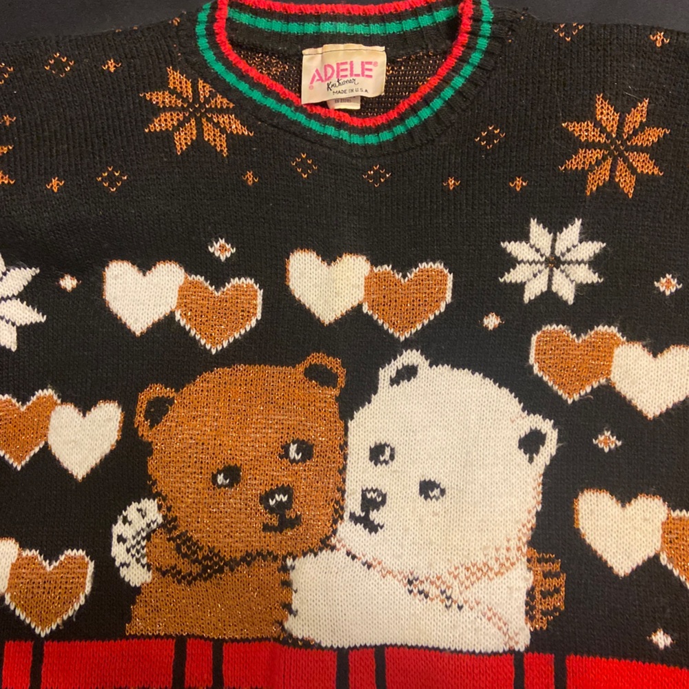 Vintage CHRISTMAS SWEATER Adele Teddy Bears Kawaii Hearts Snowflakes
